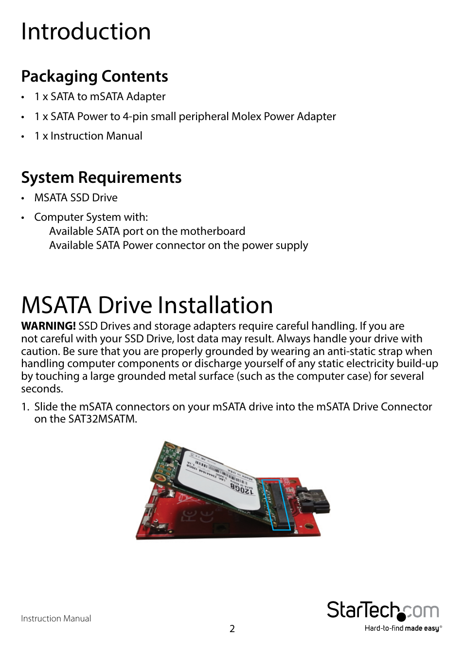 Introduction, Packaging contents, System requirements | Msata drive installation, Packaging contents system requirements | StarTech.com SAT32MSATM User Manual | Page 5 / 10