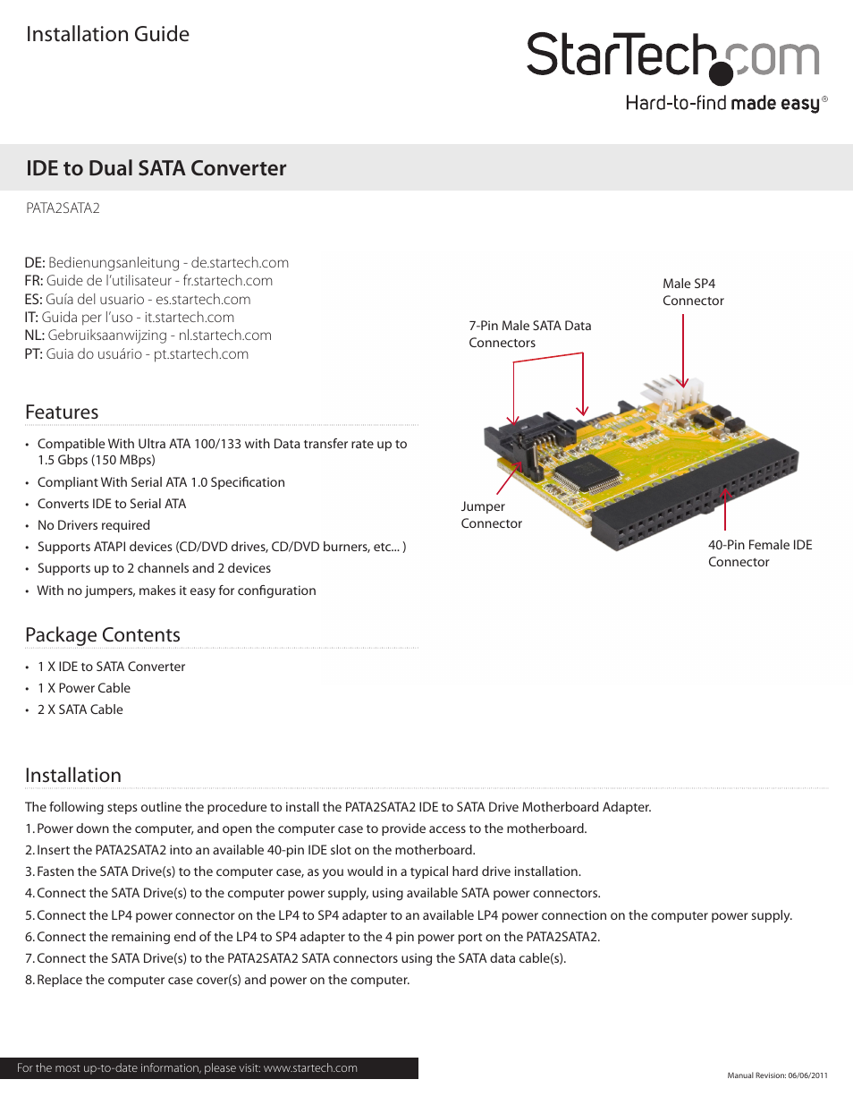 StarTech.com PATA2SATA2 User Manual | 2 pages