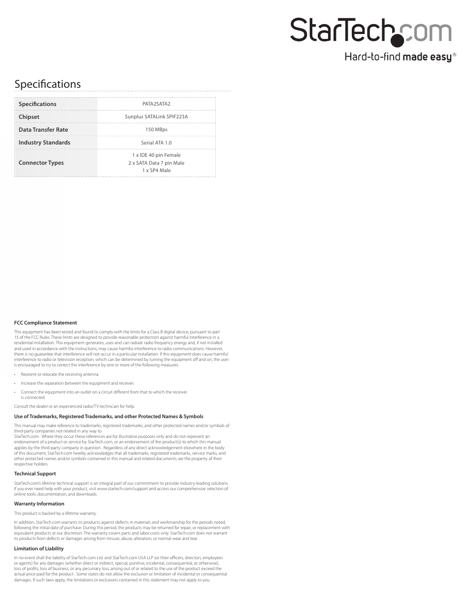 Specifications | StarTech.com PATA2SATA2 User Manual | Page 2 / 2