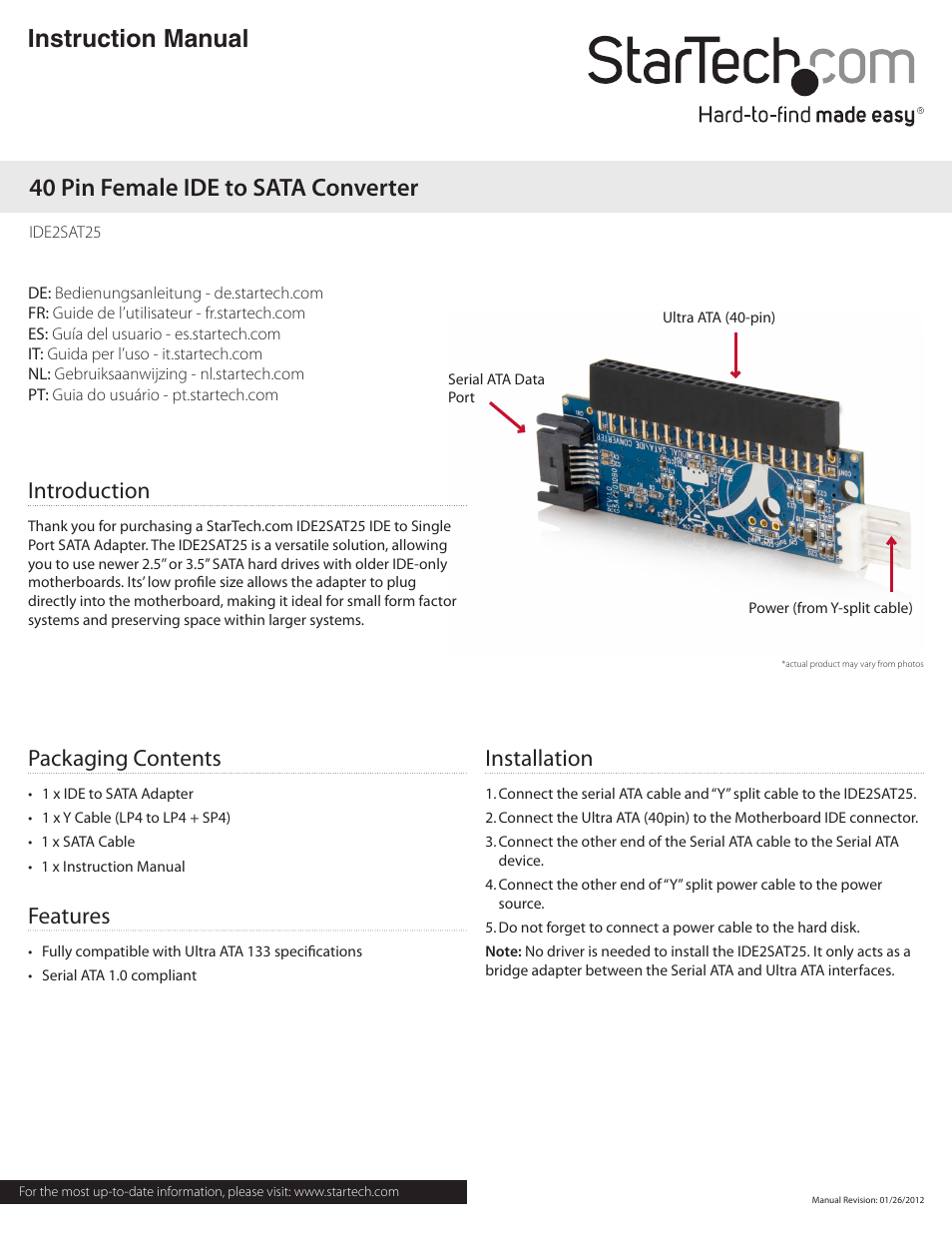 StarTech.com IDE2SAT25 User Manual | 2 pages