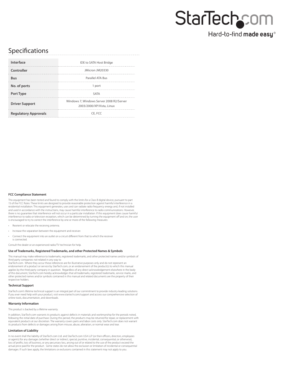 Specifications | StarTech.com IDE2SAT25 User Manual | Page 2 / 2