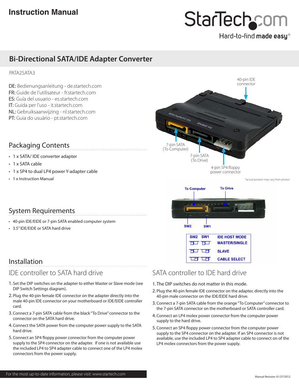 StarTech.com PATA2SATA3 User Manual | 2 pages