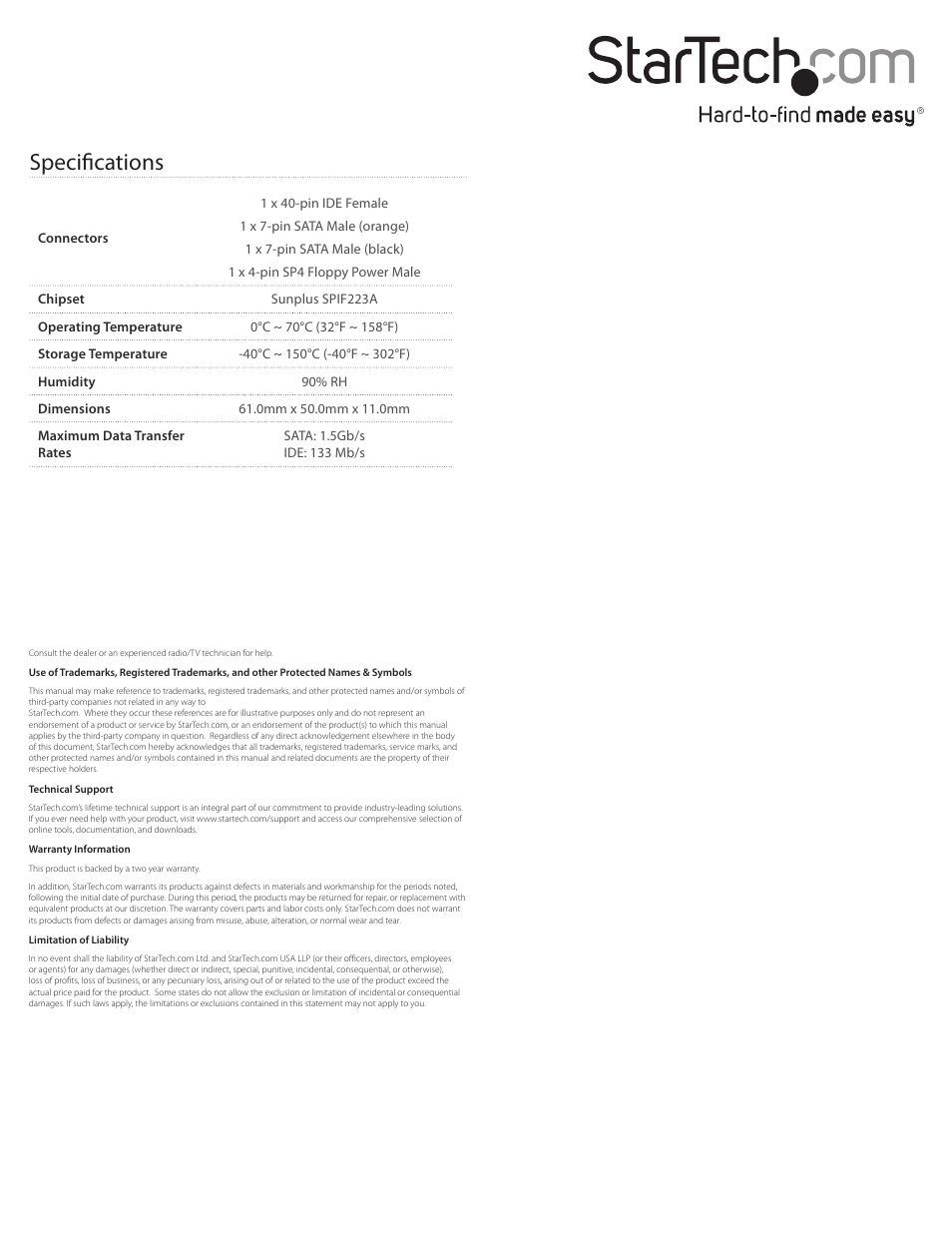 Specifications | StarTech.com PATA2SATA3 User Manual | Page 2 / 2