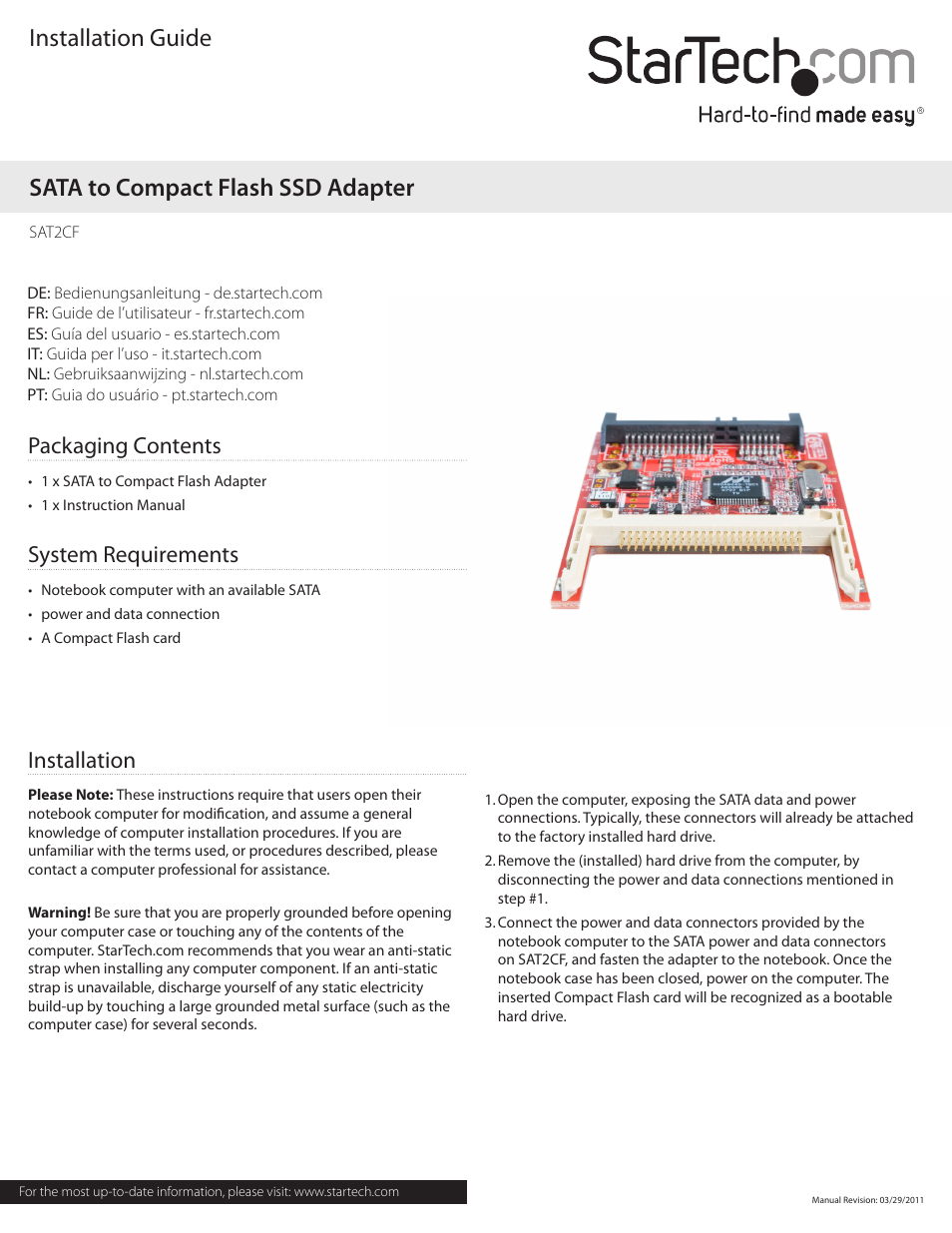 StarTech.com SAT2CF User Manual | 2 pages