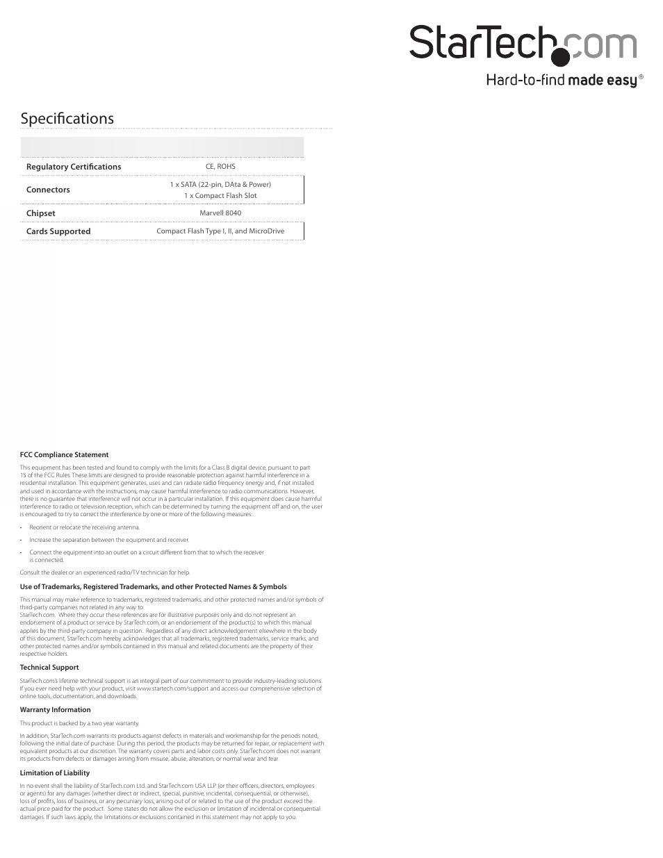 Specifications | StarTech.com SAT2CF User Manual | Page 2 / 2