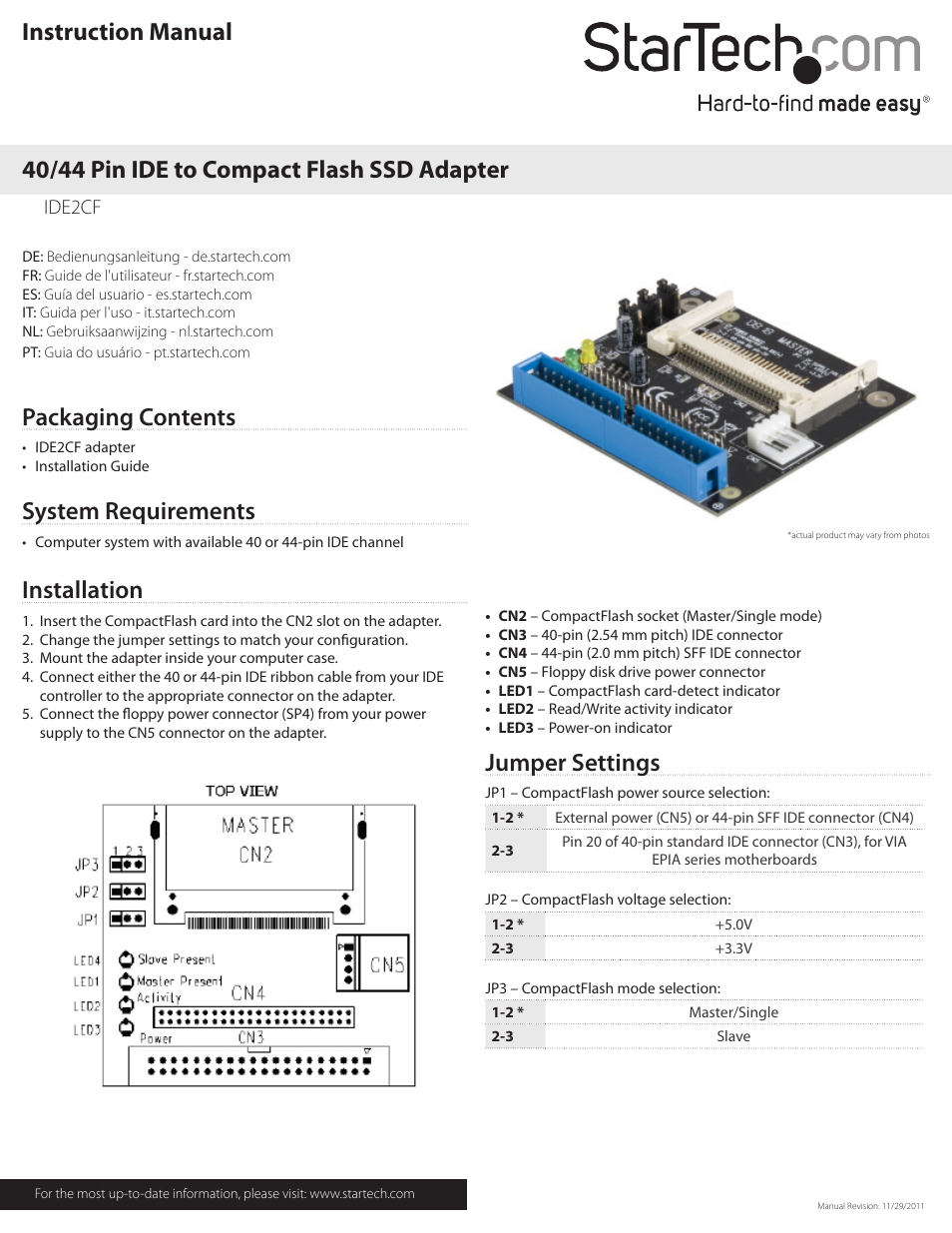 StarTech.com IDE2CF User Manual | 2 pages