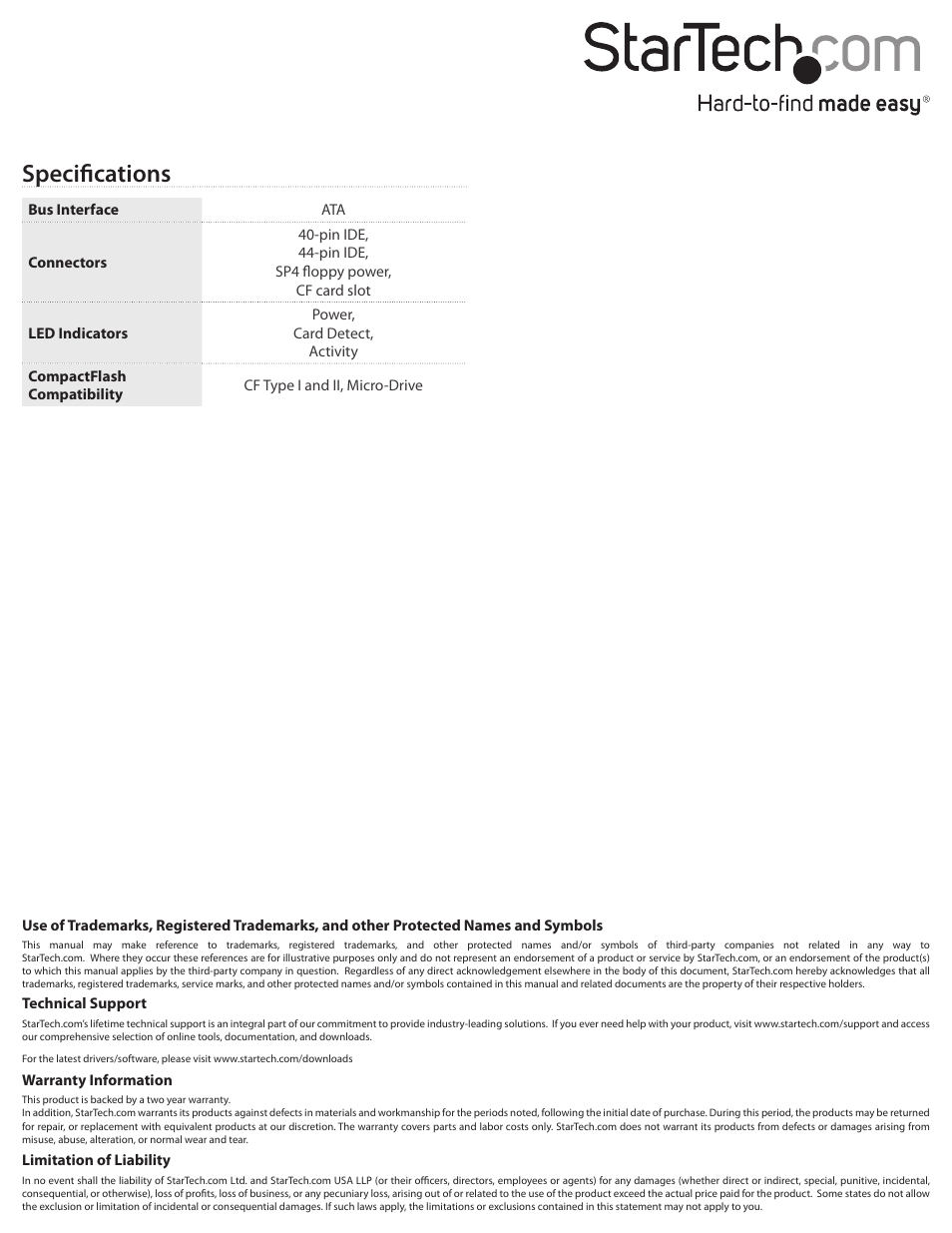 Specifications | StarTech.com IDE2CF User Manual | Page 2 / 2