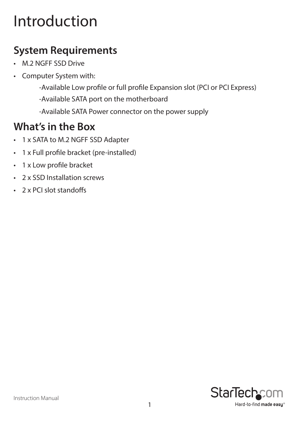 Introduction, System requirements, What’s in the box | StarTech.com S32M2NGFFPEX User Manual | Page 4 / 16