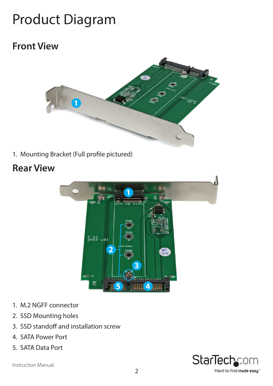 Product diagram, Front view, Rear view | StarTech.com S32M2NGFFPEX User Manual | Page 5 / 16