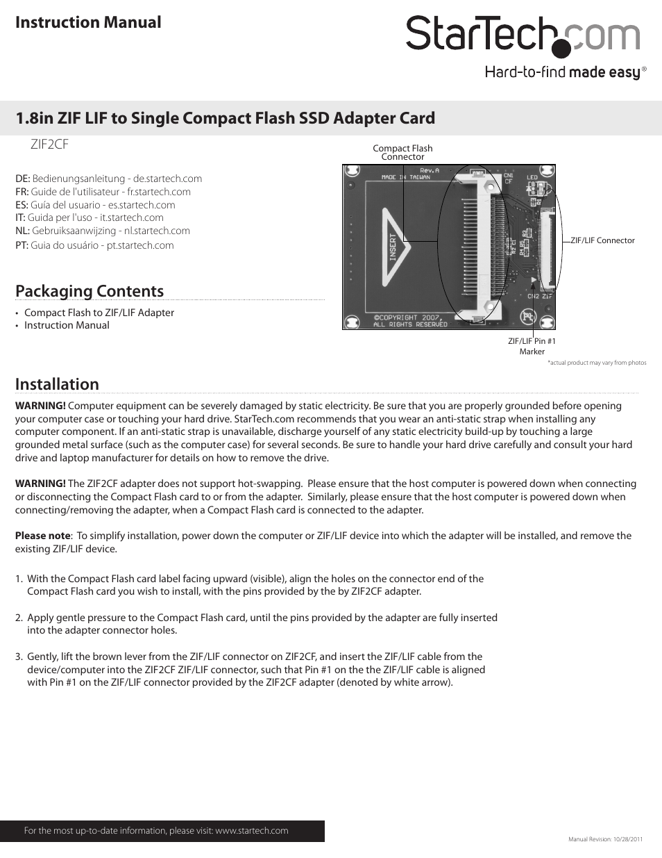 StarTech.com ZIF2CF User Manual | 2 pages