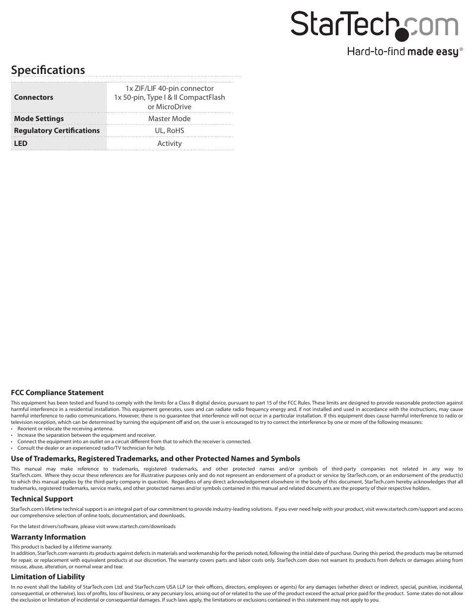 Specifications | StarTech.com ZIF2CF User Manual | Page 2 / 2