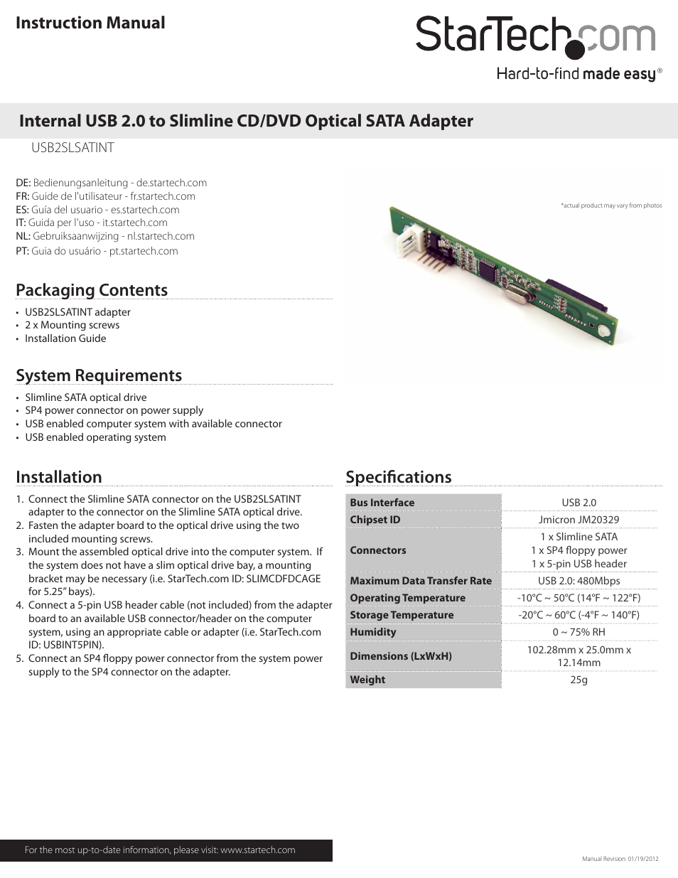 StarTech.com USB2SLSATINT User Manual | 2 pages