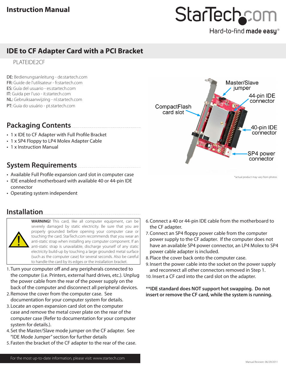 StarTech.com PLATEIDE2CF User Manual | 2 pages