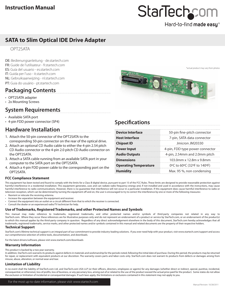 StarTech.com OPT2SATA User Manual | 1 page