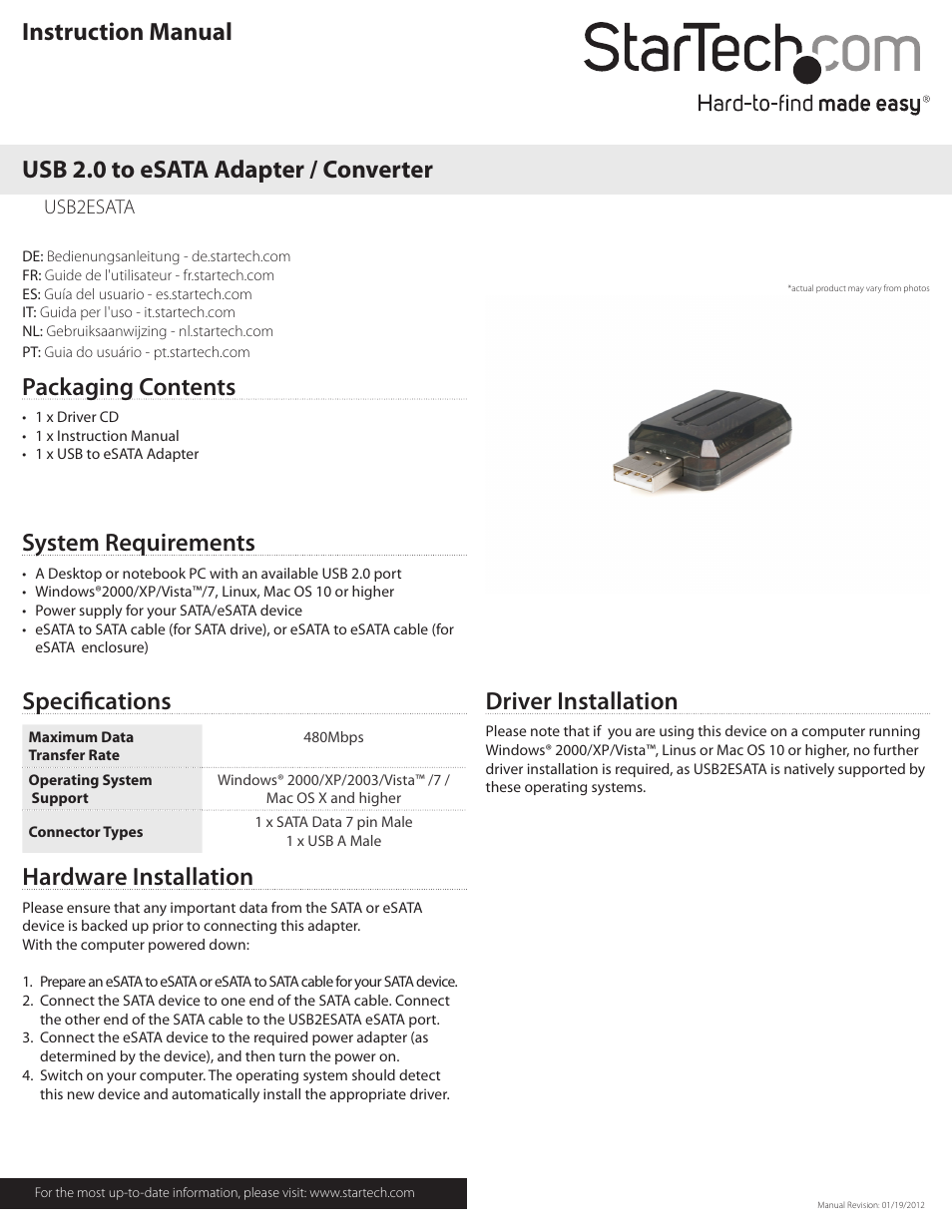 StarTech.com USB2ESATA User Manual | 2 pages
