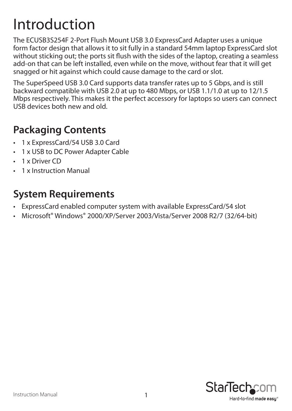 Introduction, Packaging contents, System requirements | StarTech.com ECUSB3S254F User Manual | Page 4 / 8