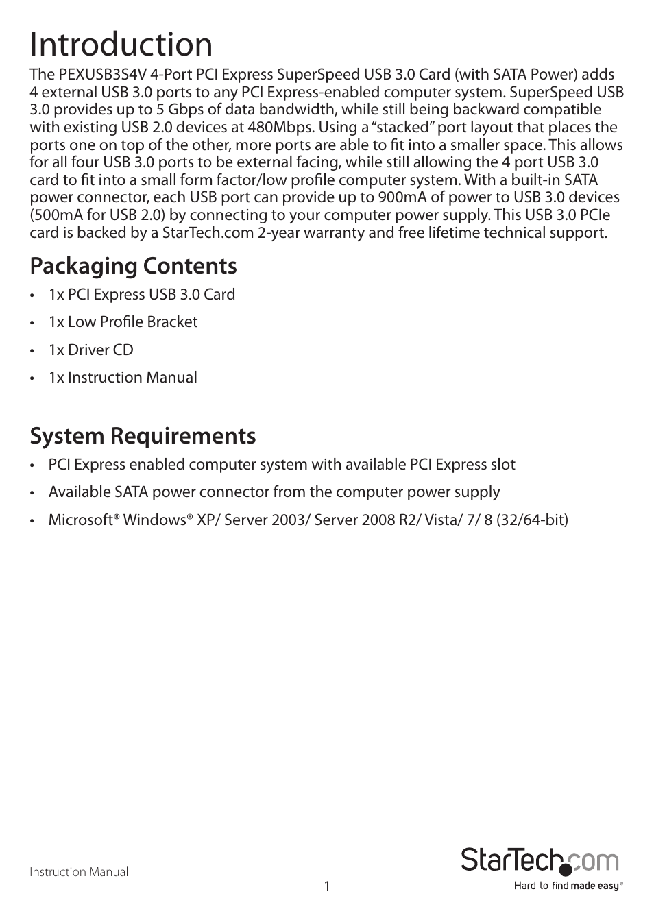 Introduction, Packaging contents, System requirements | StarTech.com PEXUSB3S4V User Manual | Page 4 / 10