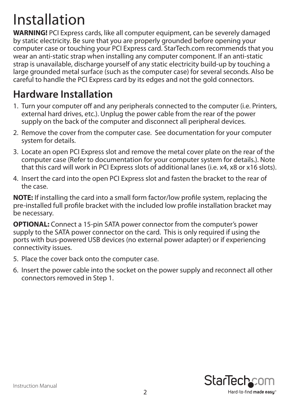 Installation, Hardware installation | StarTech.com PEXUSB3S4V User Manual | Page 5 / 10