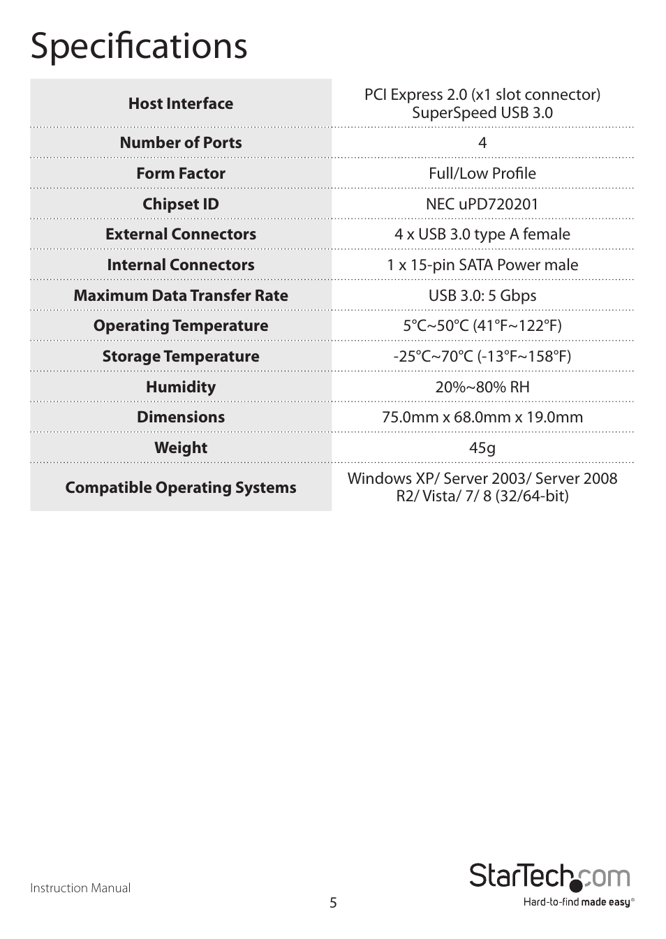 Specifications | StarTech.com PEXUSB3S4V User Manual | Page 8 / 10