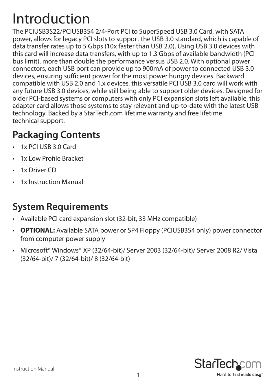 Introduction, Packaging contents, System requirements | StarTech.com PCIUSB3S4 User Manual | Page 4 / 11