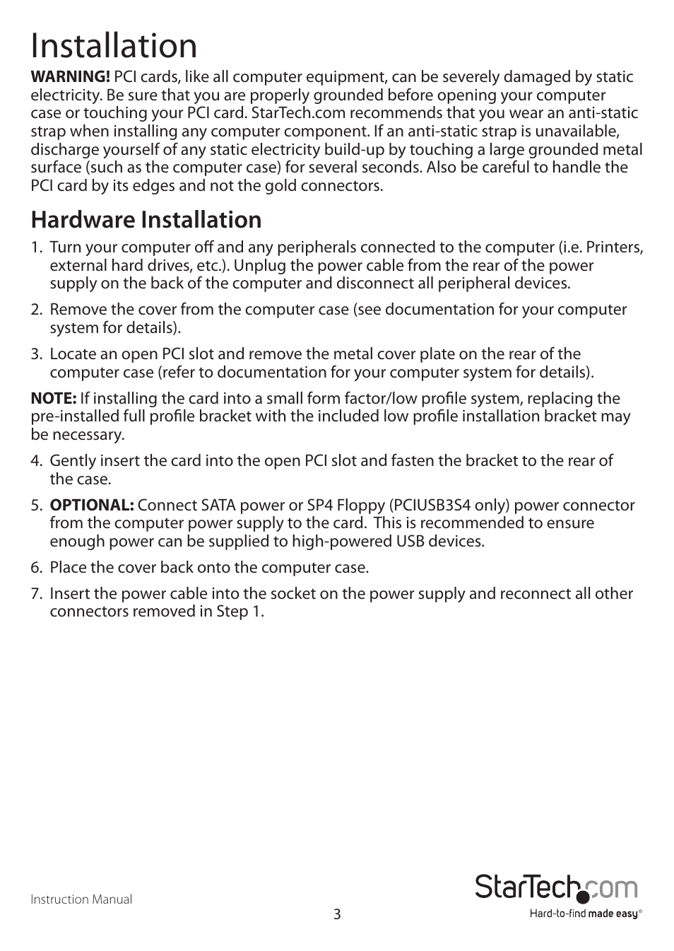 Installation, Hardware installation | StarTech.com PCIUSB3S4 User Manual | Page 6 / 11