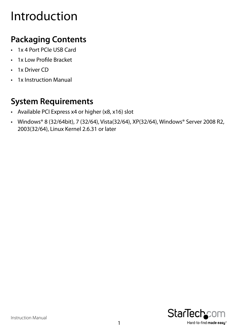 Introduction, Packaging contents, System requirements | Packaging contents system requirements | StarTech.com PEXUSB3S44V User Manual | Page 4 / 10