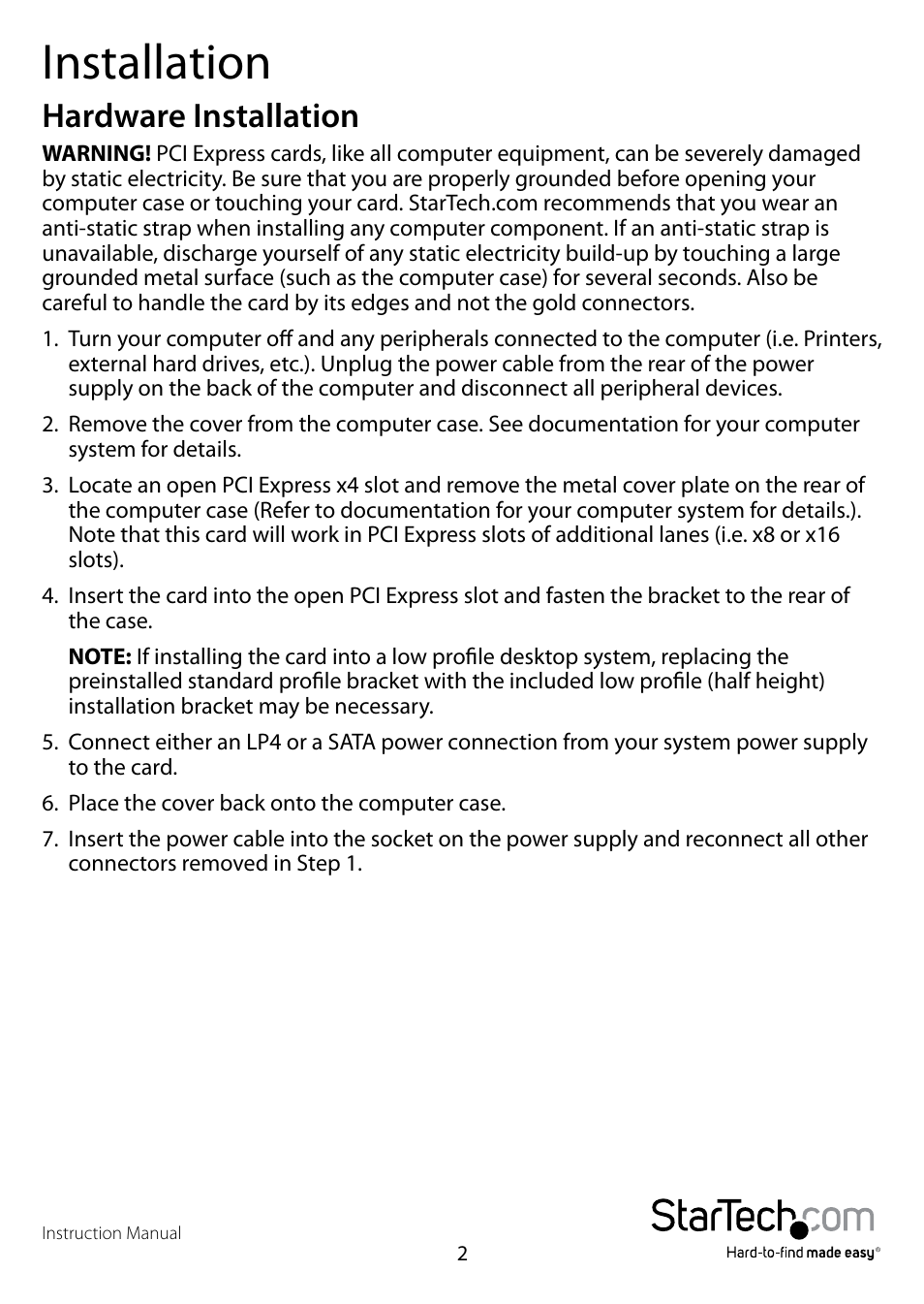 Installation, Hardware installation | StarTech.com PEXUSB3S44V User Manual | Page 5 / 10