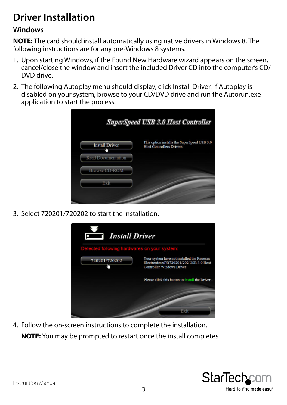 Driver installation | StarTech.com PEXUSB3S44V User Manual | Page 6 / 10