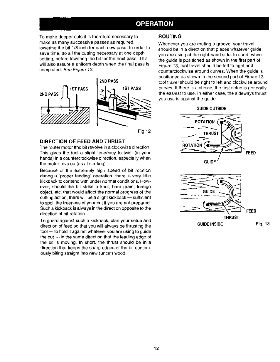 Direction of feed and thrust, Routing, Guide outside | Rotation thrust, Rotation, Guide, Operation | Craftsman 315.275000 User Manual | Page 12 / 20