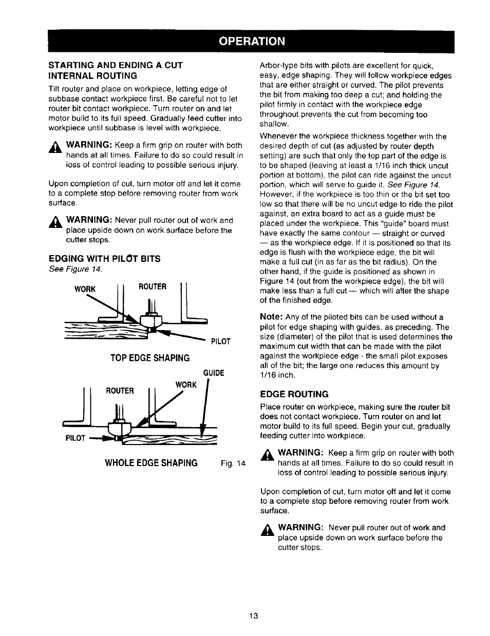 Starting and ending a cut internal routing, Edging with pilot bits, Top edge shaping | Pilot, Whole edge shaping fig. u, Edge routing, Operation | Craftsman 315.275000 User Manual | Page 13 / 20