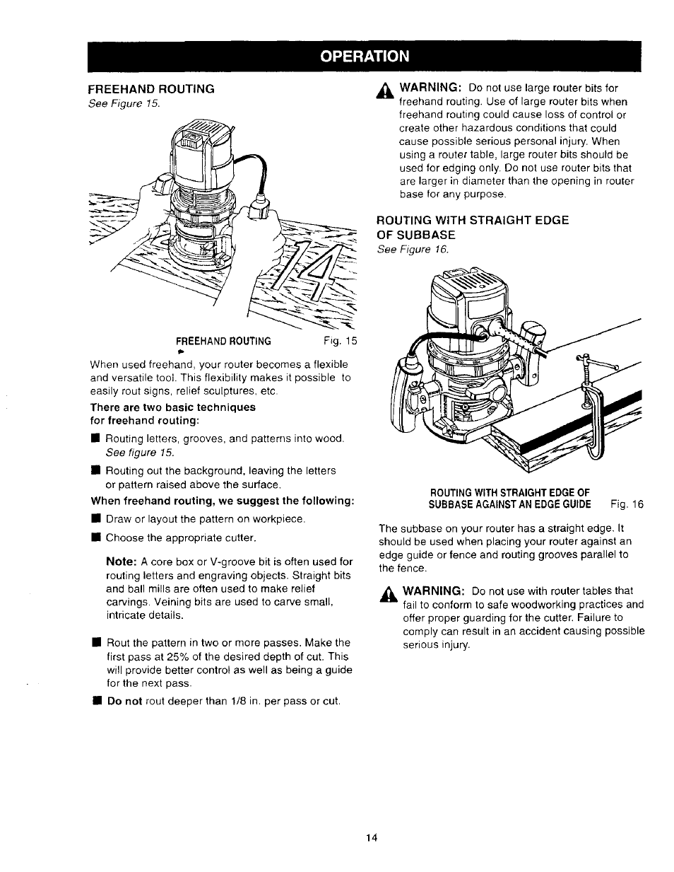 Freehand routing, Routing with straight edge, Of subbase | Operation | Craftsman 315.275000 User Manual | Page 14 / 20