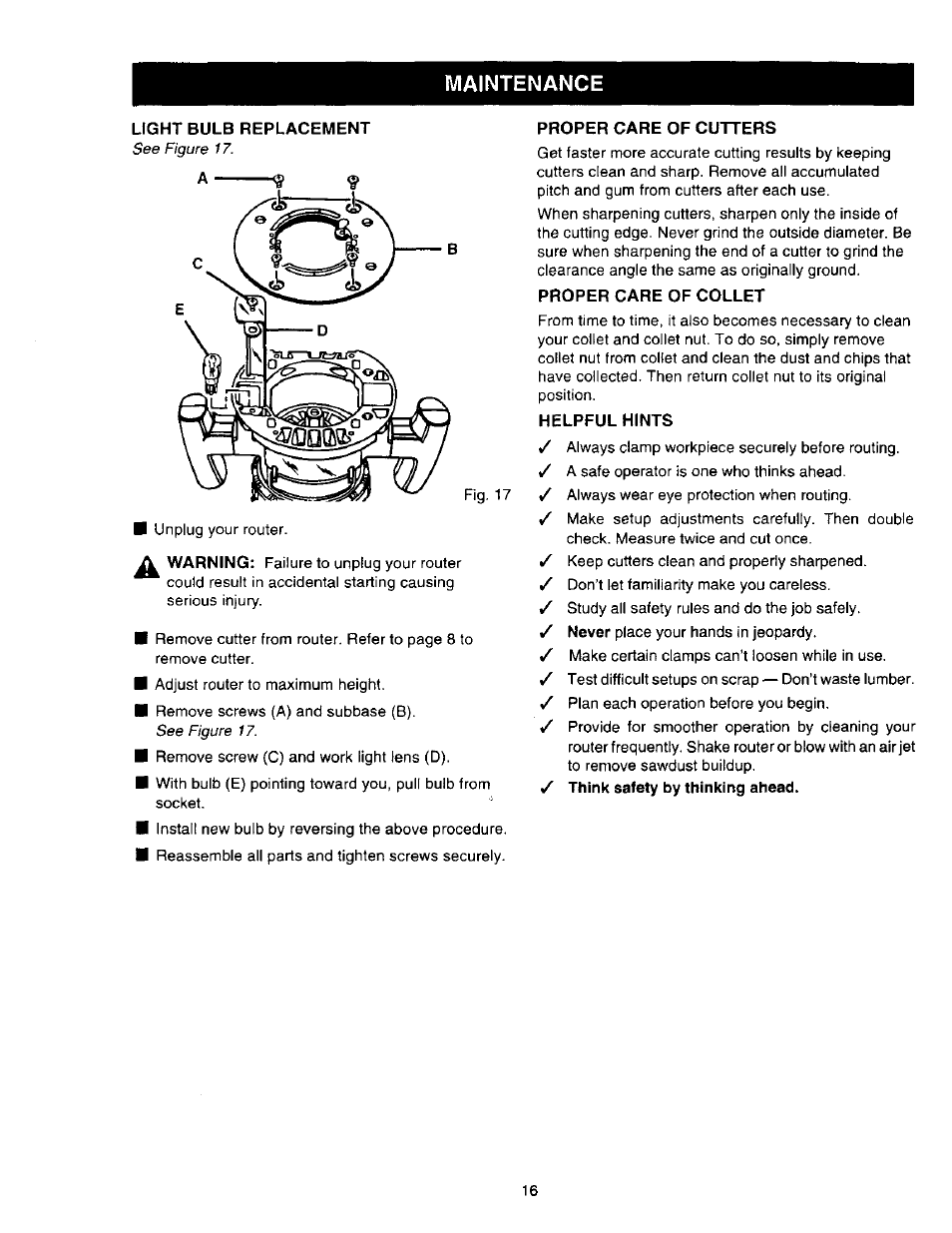 Light bulb replacement, Proper care of cutters, Proper care of collet | Helpful hints, Maintenance | Craftsman 315.275000 User Manual | Page 16 / 20