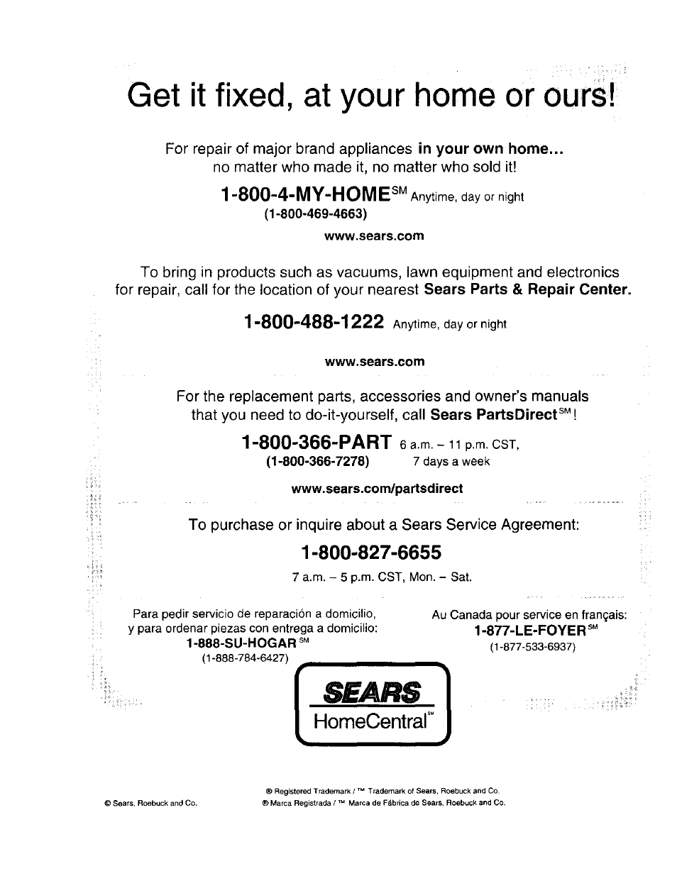 Www.sears.com, Www. sears .com/partsd i rect, Get it fixed, at your home or ours | 800-4-my-home | Craftsman 315.275000 User Manual | Page 20 / 20