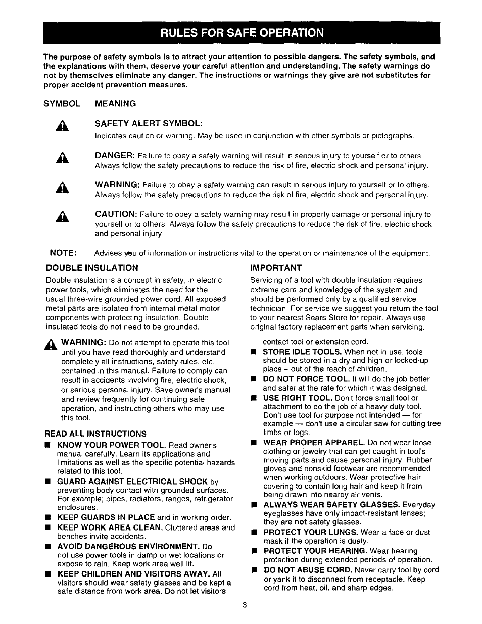 Rules for safe operation, Symbol meaning, Safety alert symbol | Double insulation, Read all instructions, Guard against electrical shock by, Avoid dangerous environment. do, Keep children and visitors away. all, Important | Craftsman 315.275000 User Manual | Page 3 / 20