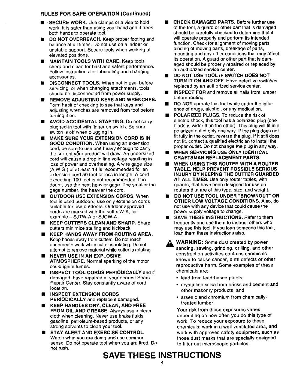 Rules for safe operation (continued), Save these instructions | Craftsman 315.275000 User Manual | Page 4 / 20