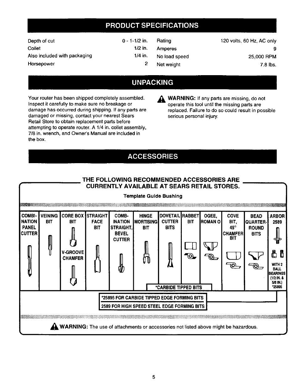 Product specifications, Unpacking, Accessories | Combi, Nation, Panel, Cuher, Veining, 25895 for carbide tipped edge forming bits, 2589 for high speed steel edge forming bits | Craftsman 315.275000 User Manual | Page 5 / 20