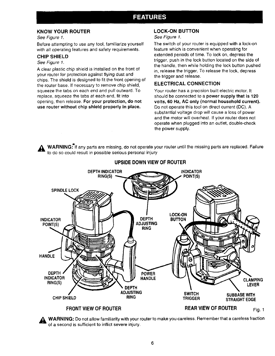 Features, Know your router, Chip shield | Lock-on button, Electrical connection, Upside down view of router, Depth indicator ring(s), Front view of router | Craftsman 315.275000 User Manual | Page 6 / 20