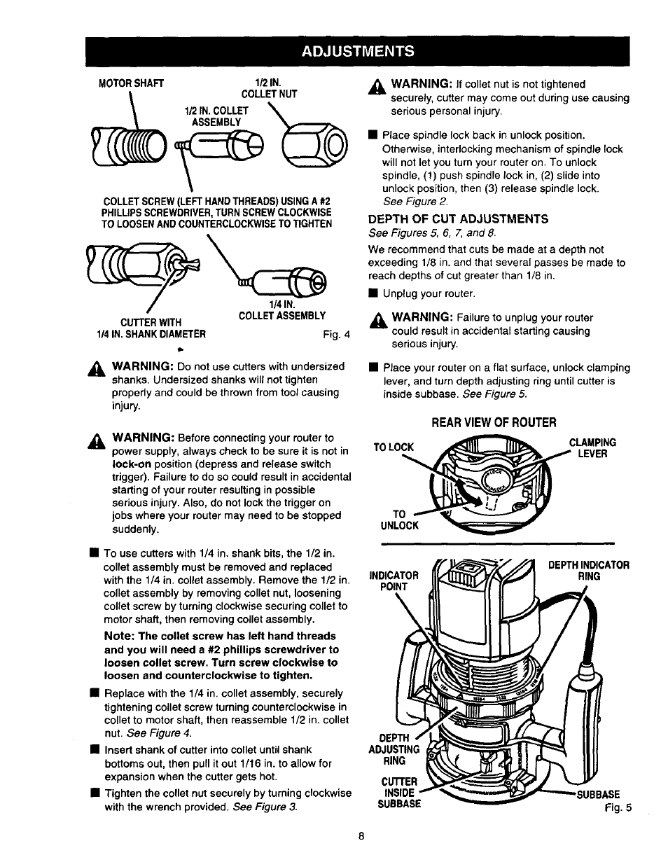 1/2 in, Collet nut, Depth of cut adjustments | Rear view of router, Cutter, Inside, Subbase, Adjustments | Craftsman 315.275000 User Manual | Page 8 / 20