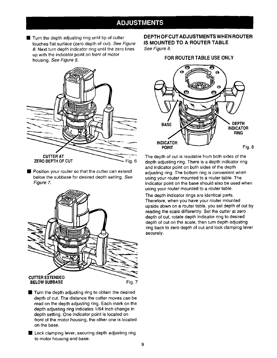 For router table use only, Adjustments | Craftsman 315.275000 User Manual | Page 9 / 20