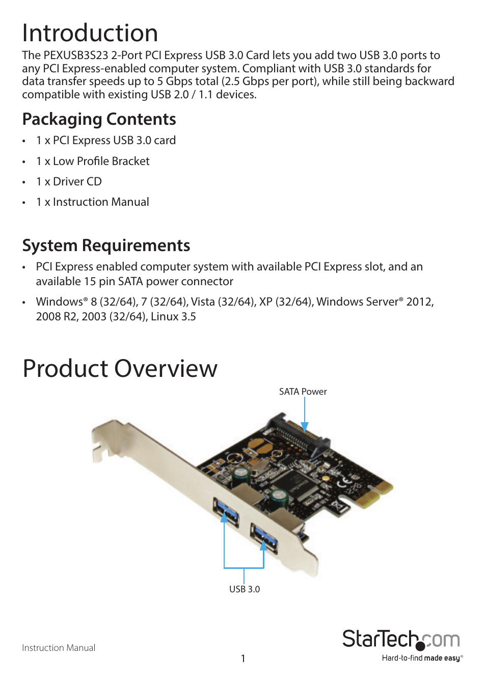 Introduction, Product overview, Packaging contents | System requirements | StarTech.com PEXUSB3S23 User Manual | Page 4 / 10