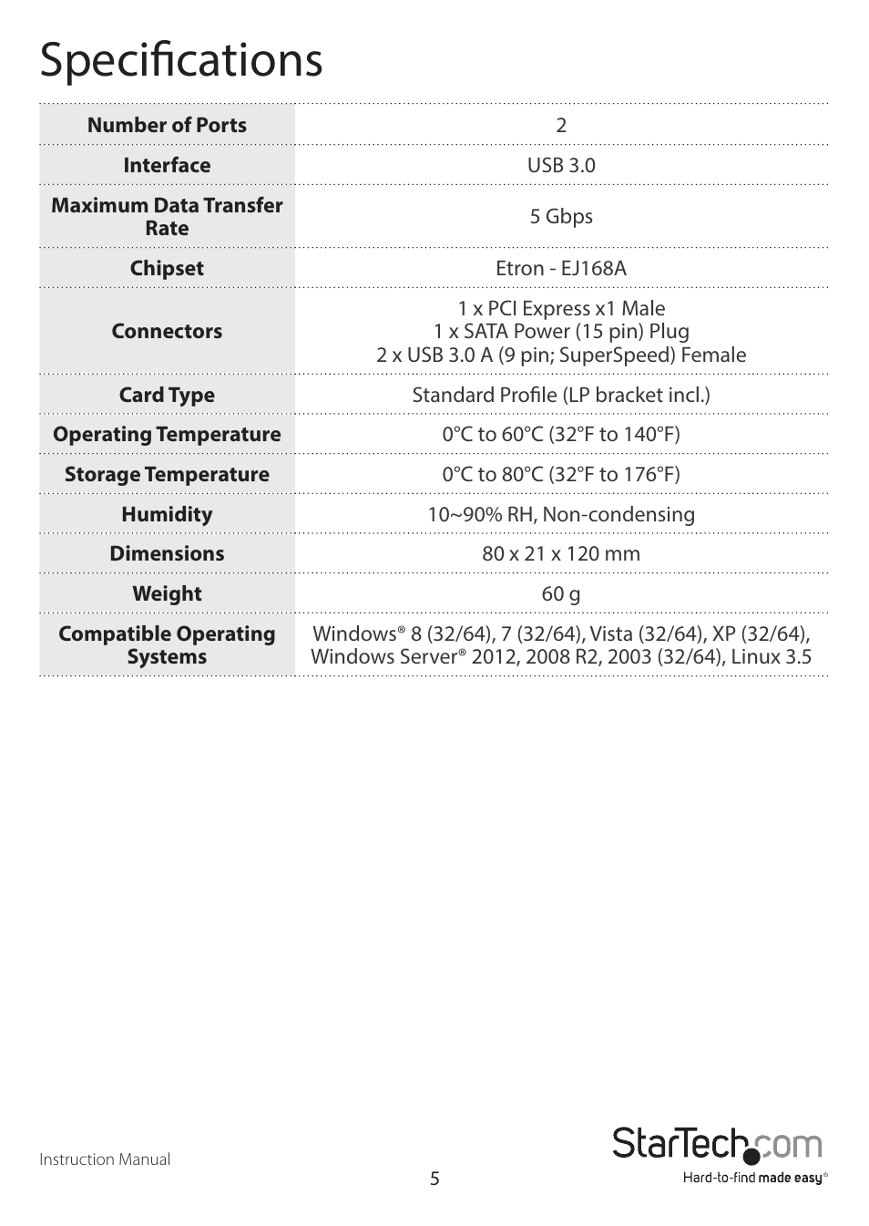 Specifications | StarTech.com PEXUSB3S23 User Manual | Page 8 / 10