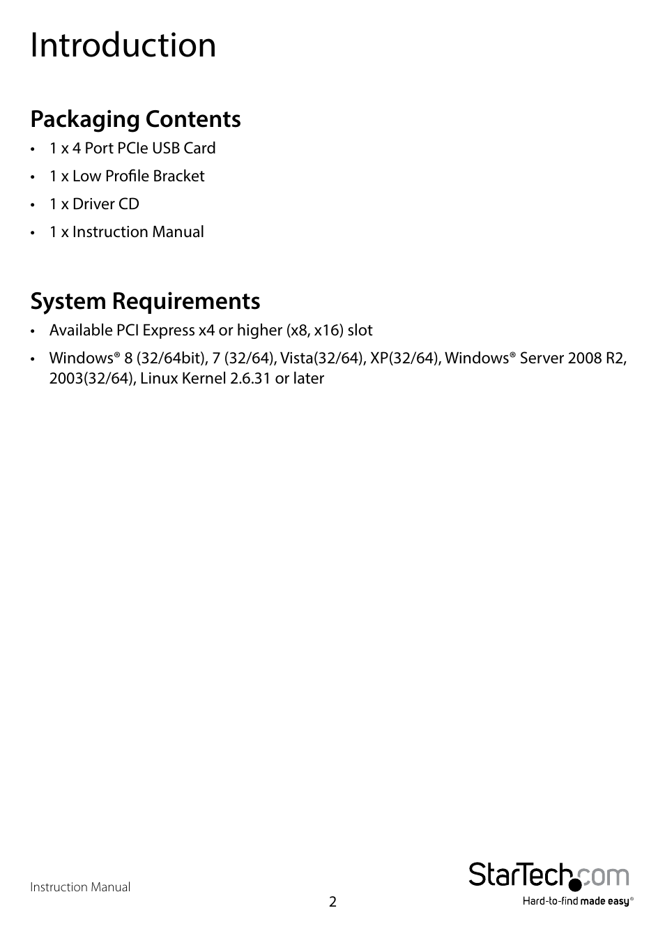 Introduction, Packaging contents, System requirements | Packaging contents system requirements | StarTech.com PEXUSB3S42V User Manual | Page 4 / 10