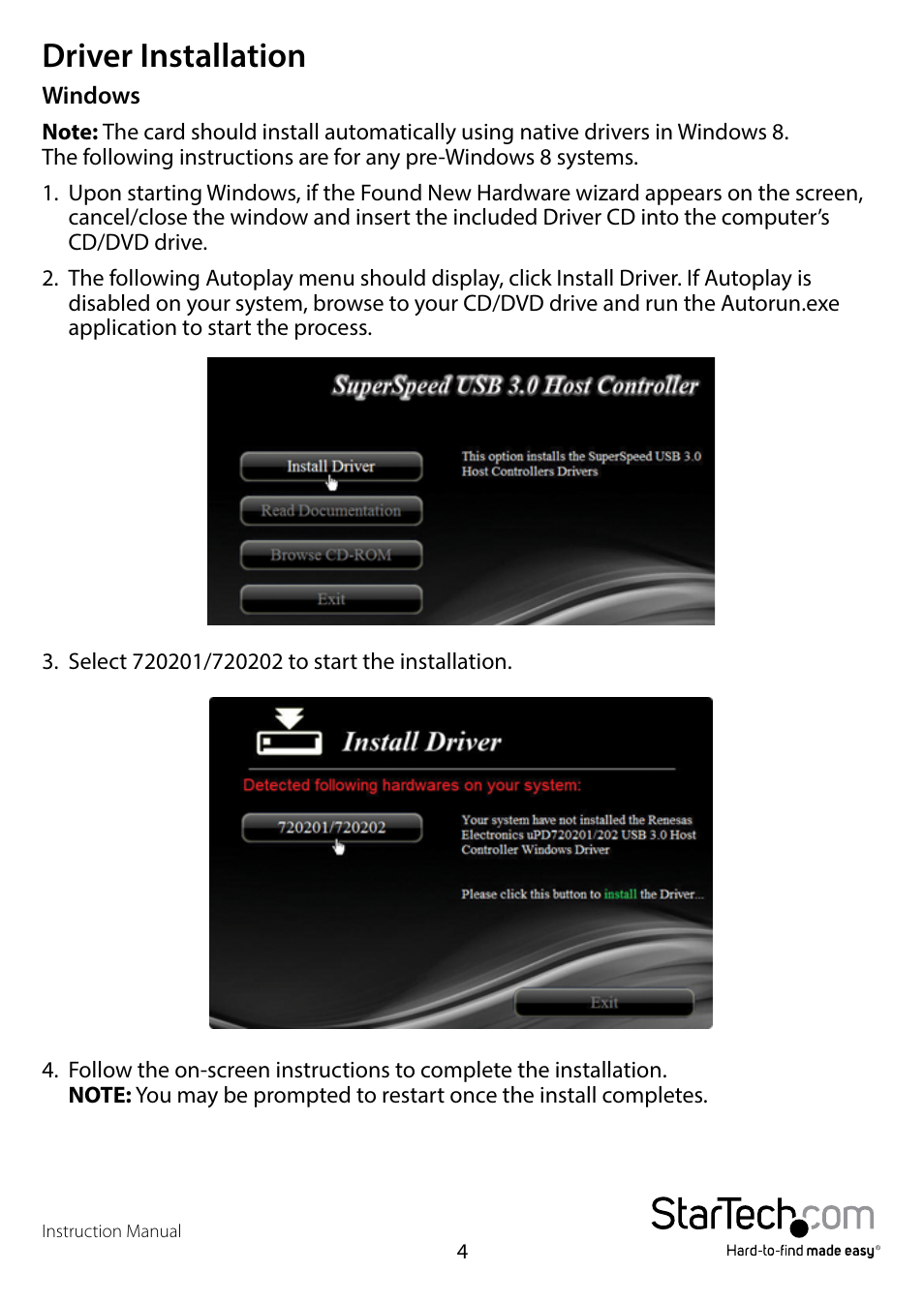 Driver installation | StarTech.com PEXUSB3S42V User Manual | Page 6 / 10