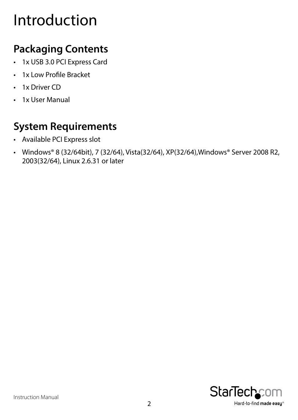 Introduction, Packaging contents, System requirements | Packaging contents system requirements | StarTech.com PEXUSB3S25 User Manual | Page 4 / 10