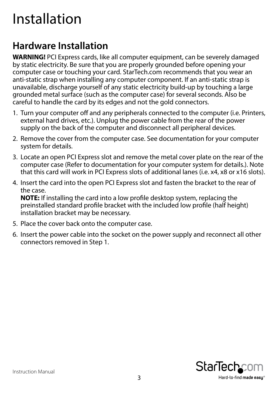 Installation, Hardware installation | StarTech.com PEXUSB3S25 User Manual | Page 5 / 10