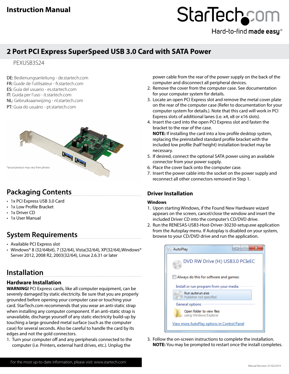 StarTech.com PEXUSB3S24 User Manual | 2 pages