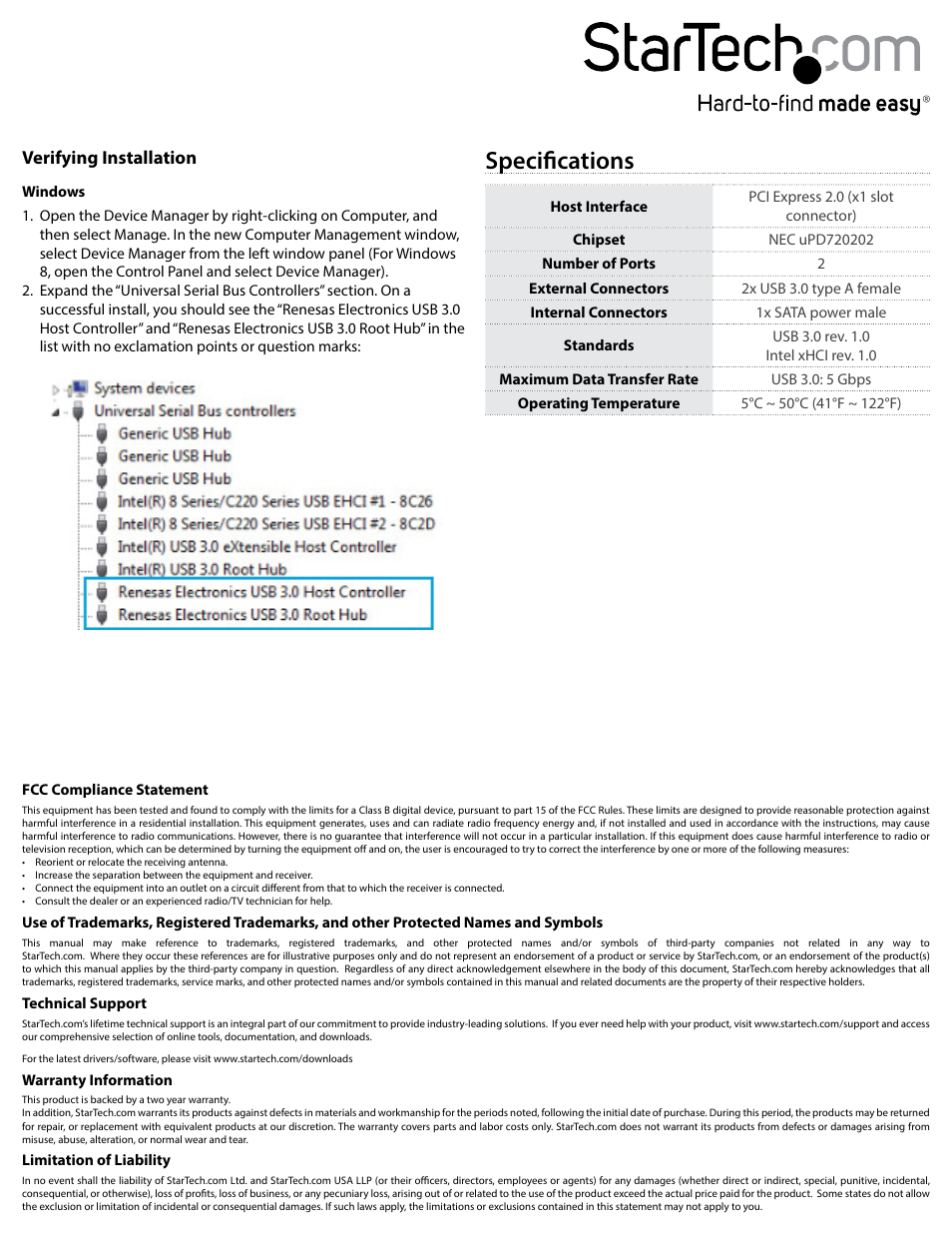 Specifications, Verifying installation | StarTech.com PEXUSB3S24 User Manual | Page 2 / 2