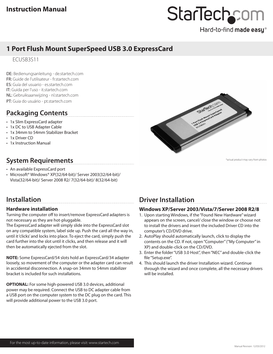StarTech.com ECUSB3S11 User Manual | 2 pages