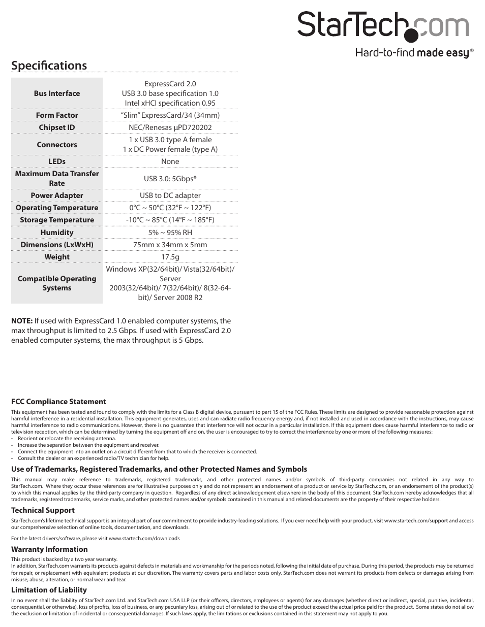 Specifications | StarTech.com ECUSB3S11 User Manual | Page 2 / 2