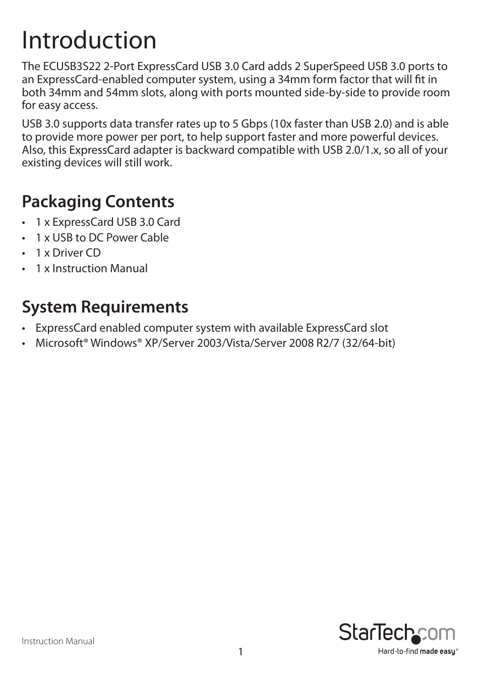 Introduction, Packaging contents, System requirements | StarTech.com ECUSB3S22 User Manual | Page 4 / 9